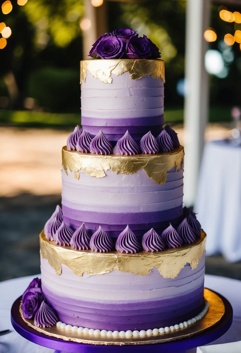 A three-tiered wedding cake adorned with purple buttercream and gold leaf