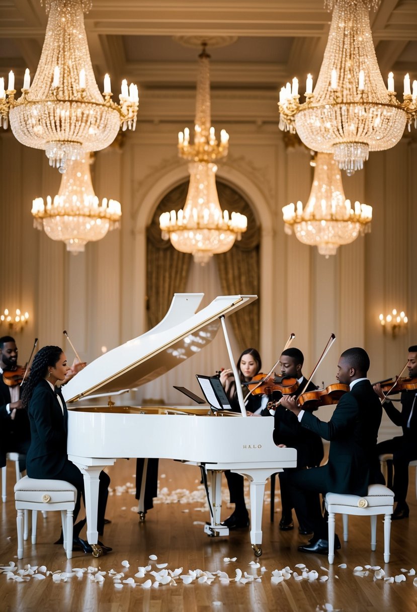 A grand ballroom with golden chandeliers and a white grand piano. Rose petals scattered on the floor, and a string quartet playing "Halo" by Beyoncé