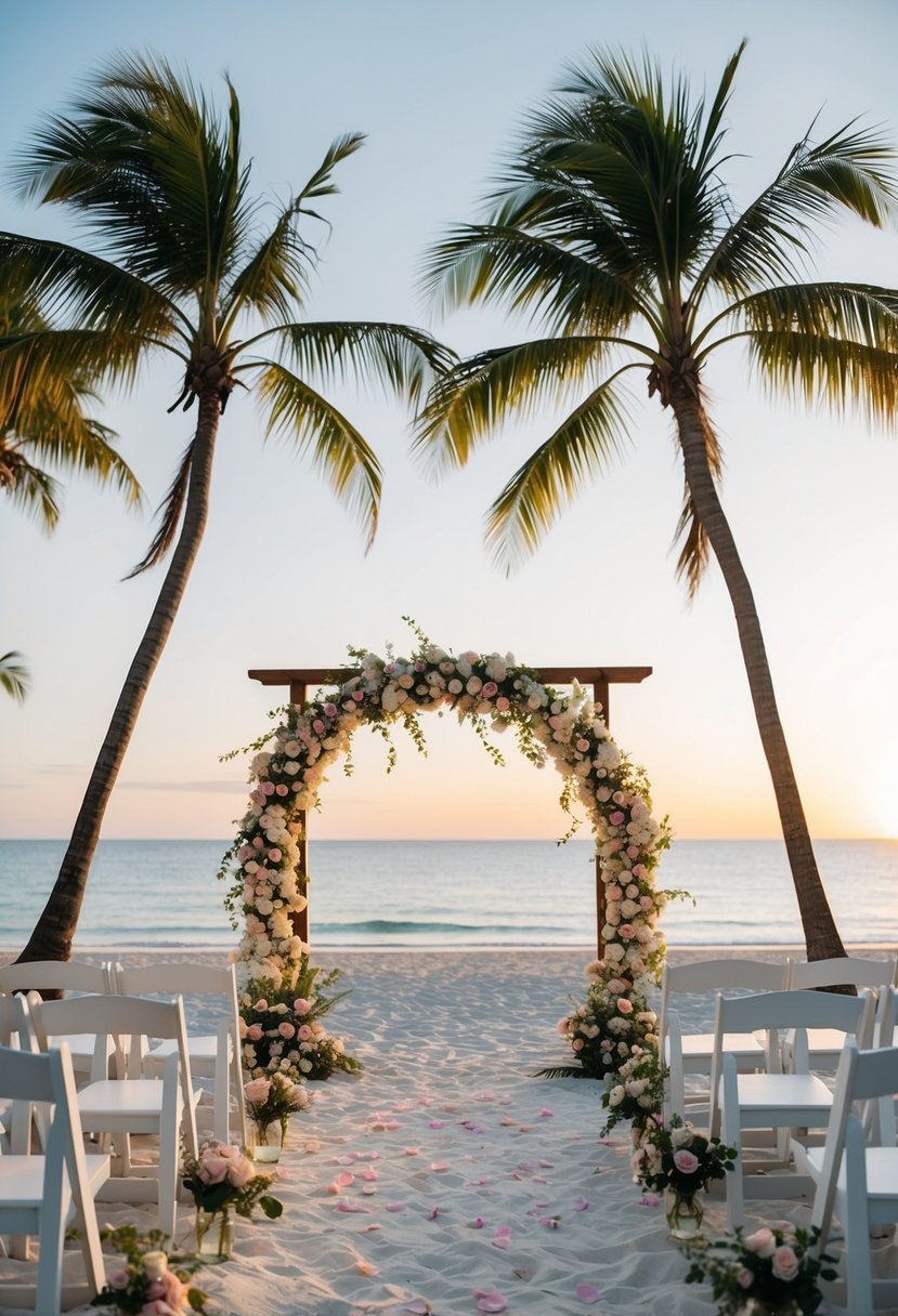 A serene beach setting with a flower-adorned arch, white chairs, and a scattering of rose petals. A gentle breeze rustles the palm trees as the sun sets over the ocean