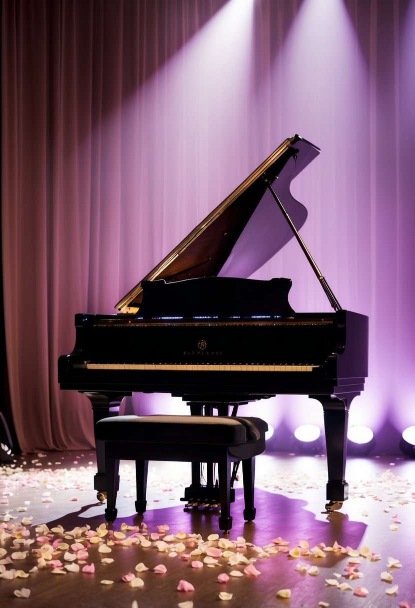 A grand piano sits center stage, bathed in soft, romantic lighting. Rose petals scatter the floor, leading to a spotlight on the instrument