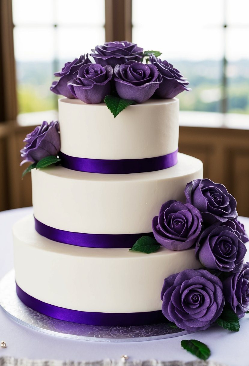 A classic white tiered wedding cake adorned with intricate purple sugar roses