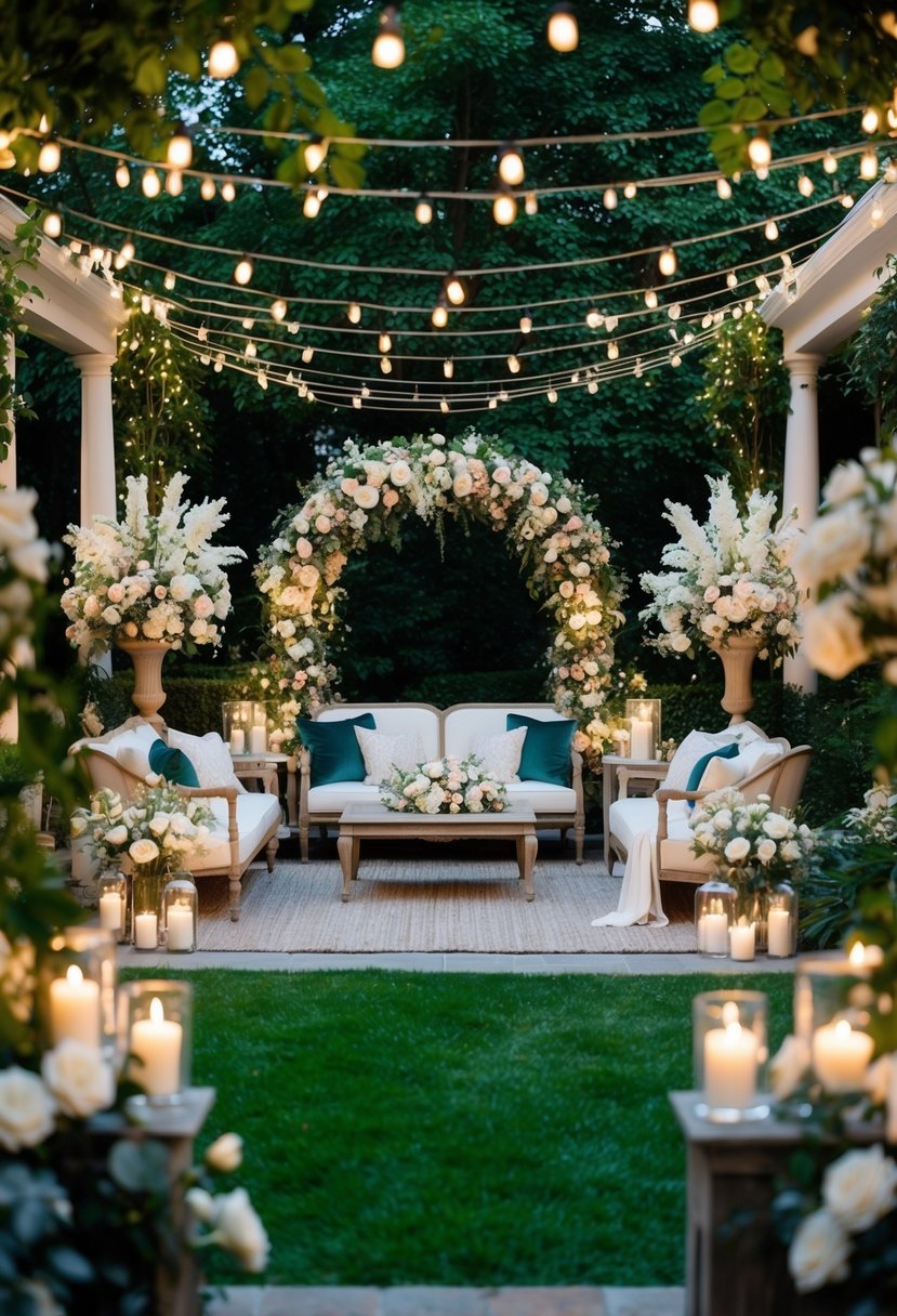 A lush garden adorned with twinkling lights, elegant floral arrangements, and cozy seating areas, creating a romantic atmosphere for a wedding anniversary celebration