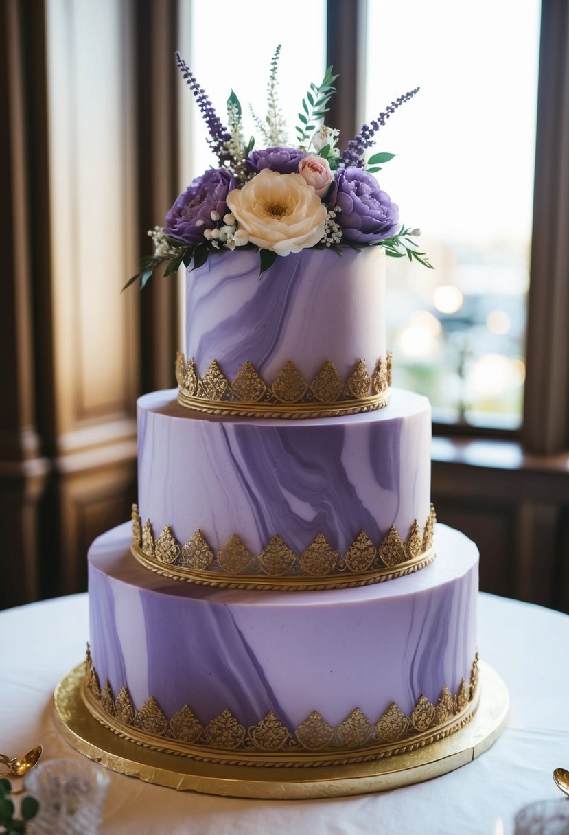 A three-tiered wedding cake adorned with marbled purple fondant, accented with regal gold trim and intricate floral details