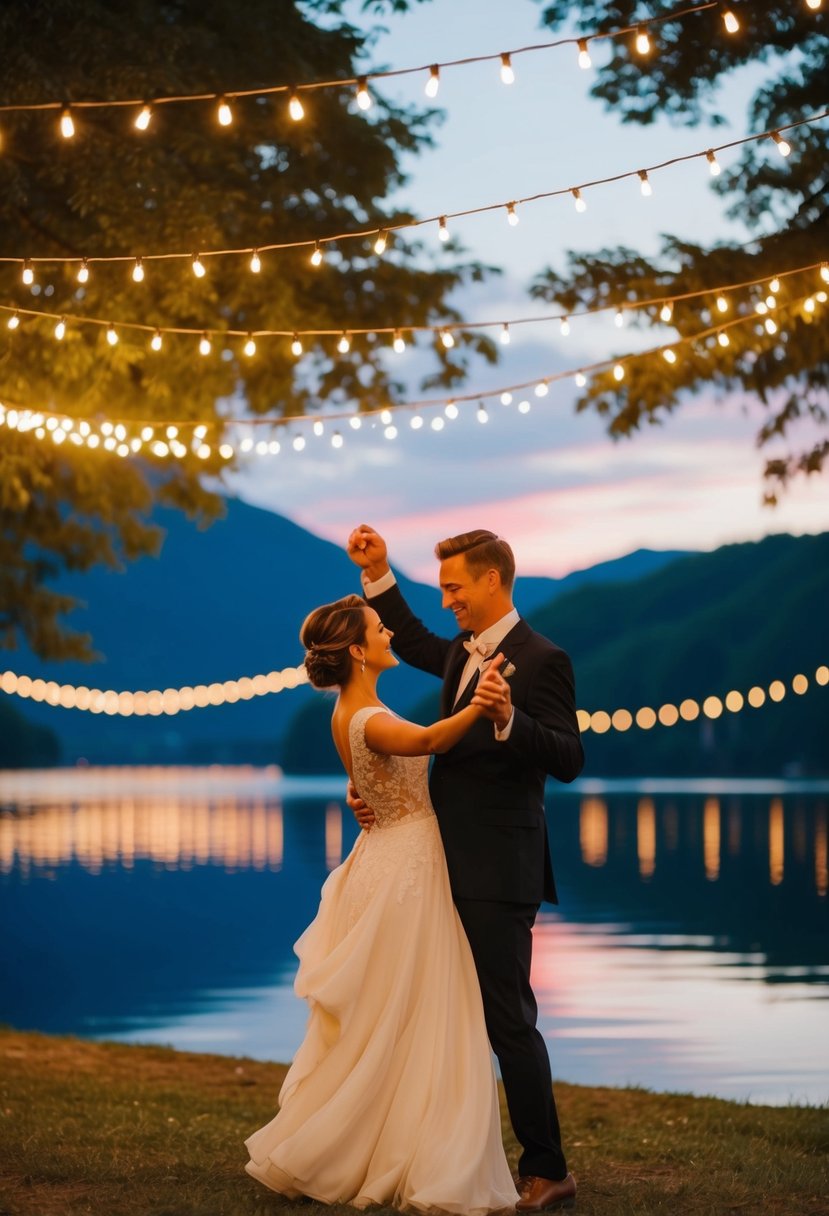 A couple dancing under twinkling lights at sunset by a serene lake