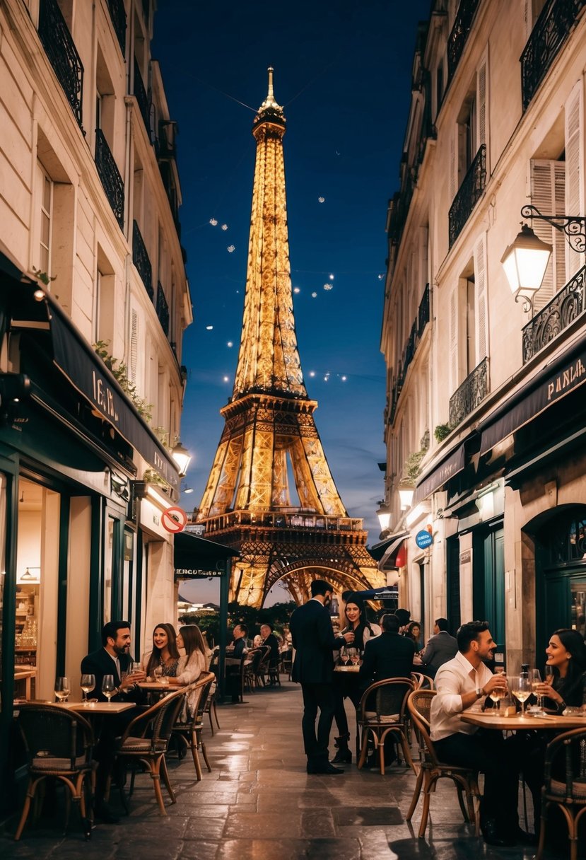 A romantic Parisian street scene with twinkling lights, a view of the Eiffel Tower, and a charming outdoor cafe with couples enjoying wine and live music