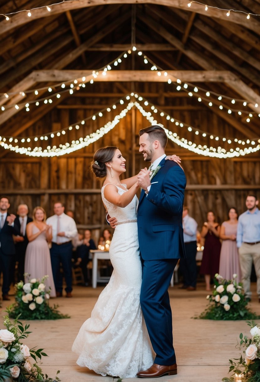 A couple dancing under twinkling lights in a rustic barn, surrounded by flowers and greenery