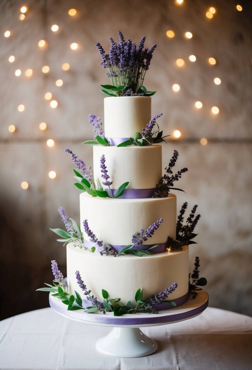 A three-tiered wedding cake adorned with lavender and greenery, set against a rustic backdrop