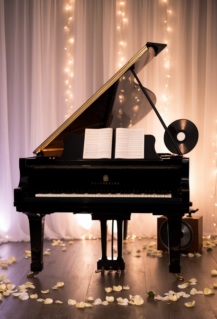 A grand piano bathed in soft, romantic lighting, with rose petals scattered around and a vintage record player in the background