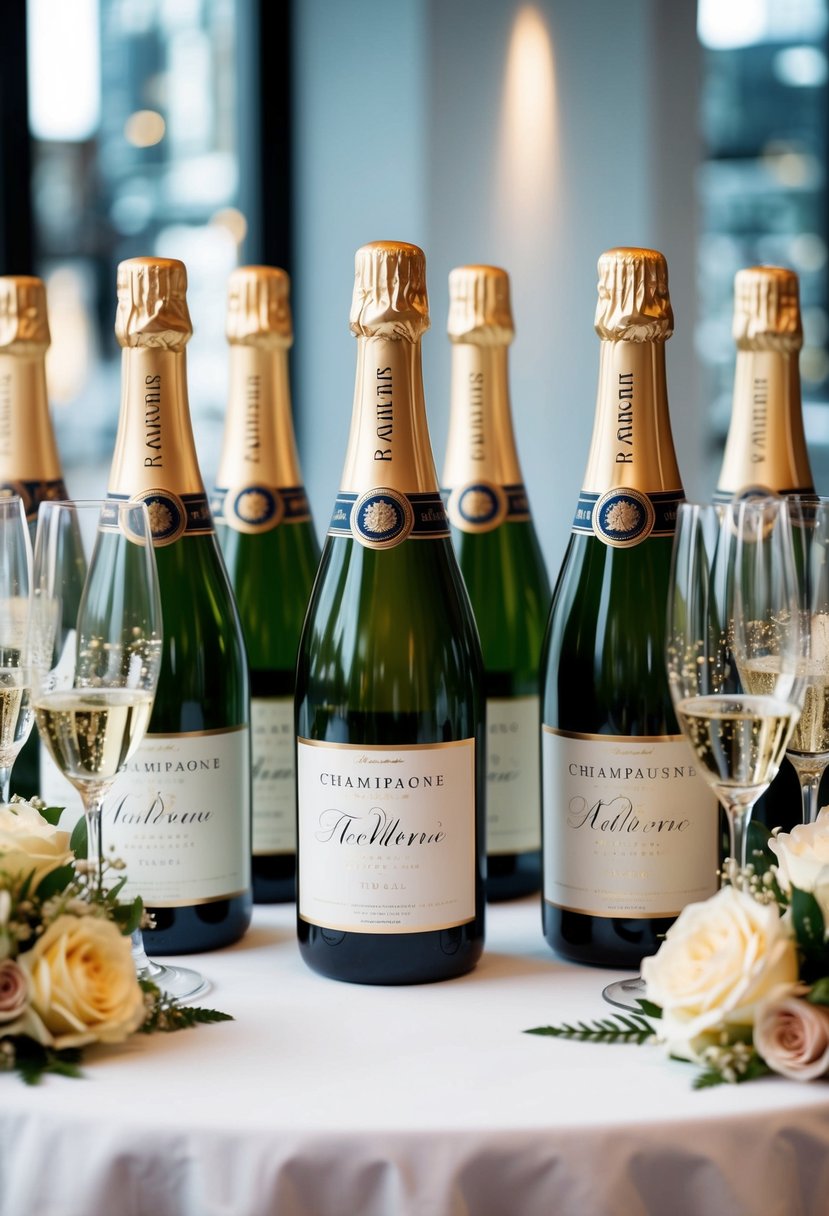 A table displays personalized champagne bottles with elegant labels and decorative ribbons, surrounded by sparkling glasses and floral arrangements