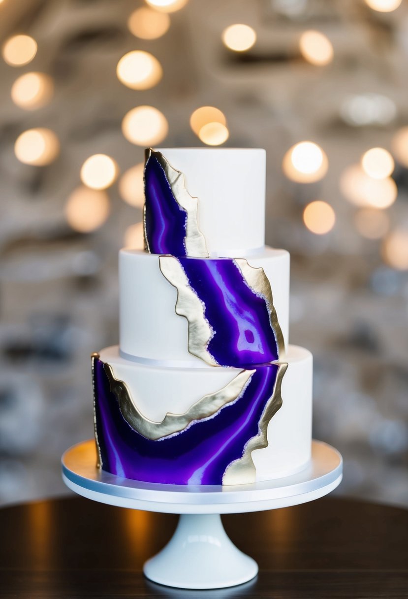 A sleek, modern wedding cake adorned with geode-inspired purple splashes and elegant metallic accents