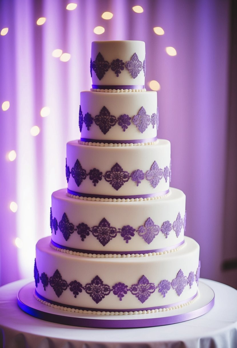 A three-tiered wedding cake adorned with delicate vintage lace designs in soft purple hues