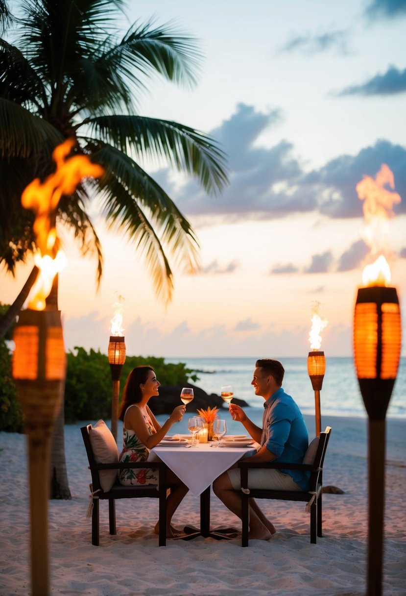 A couple enjoying a scenic sunset dinner on a tropical beach, surrounded by tiki torches, palm trees, and a romantic ambiance