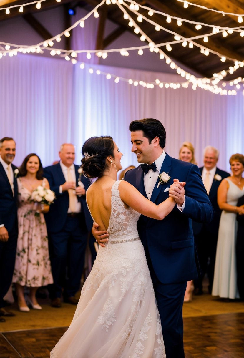 A bride and groom dancing under twinkling lights, surrounded by family and friends, with a live band playing "Can't Help Falling in Love" by Elvis Presley