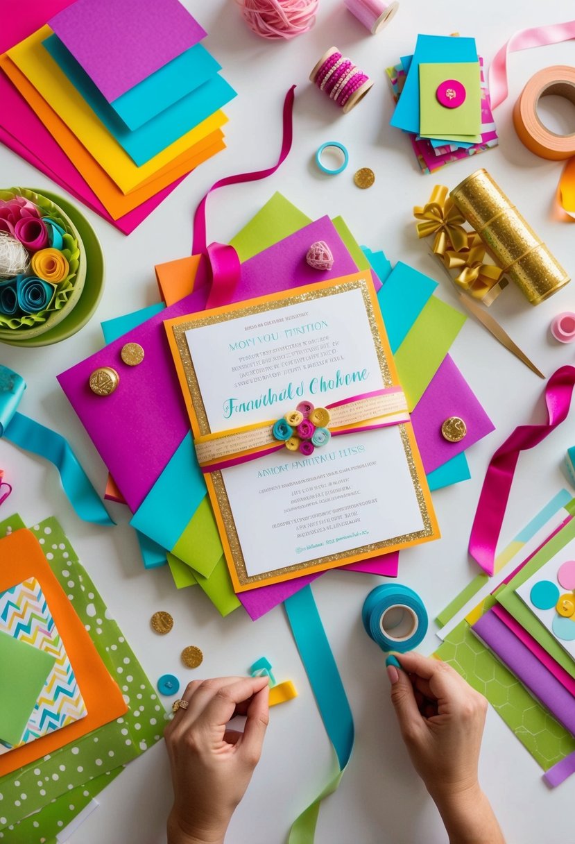 A table adorned with colorful paper, ribbons, and decorative elements, surrounded by crafting supplies and a finished personalized invitation