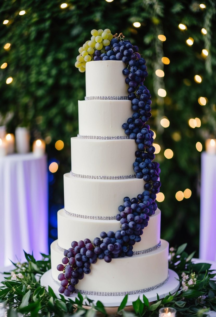 A three-tiered wedding cake adorned with cascading grapes and berries in shades of purple, set against a backdrop of lush greenery and twinkling fairy lights