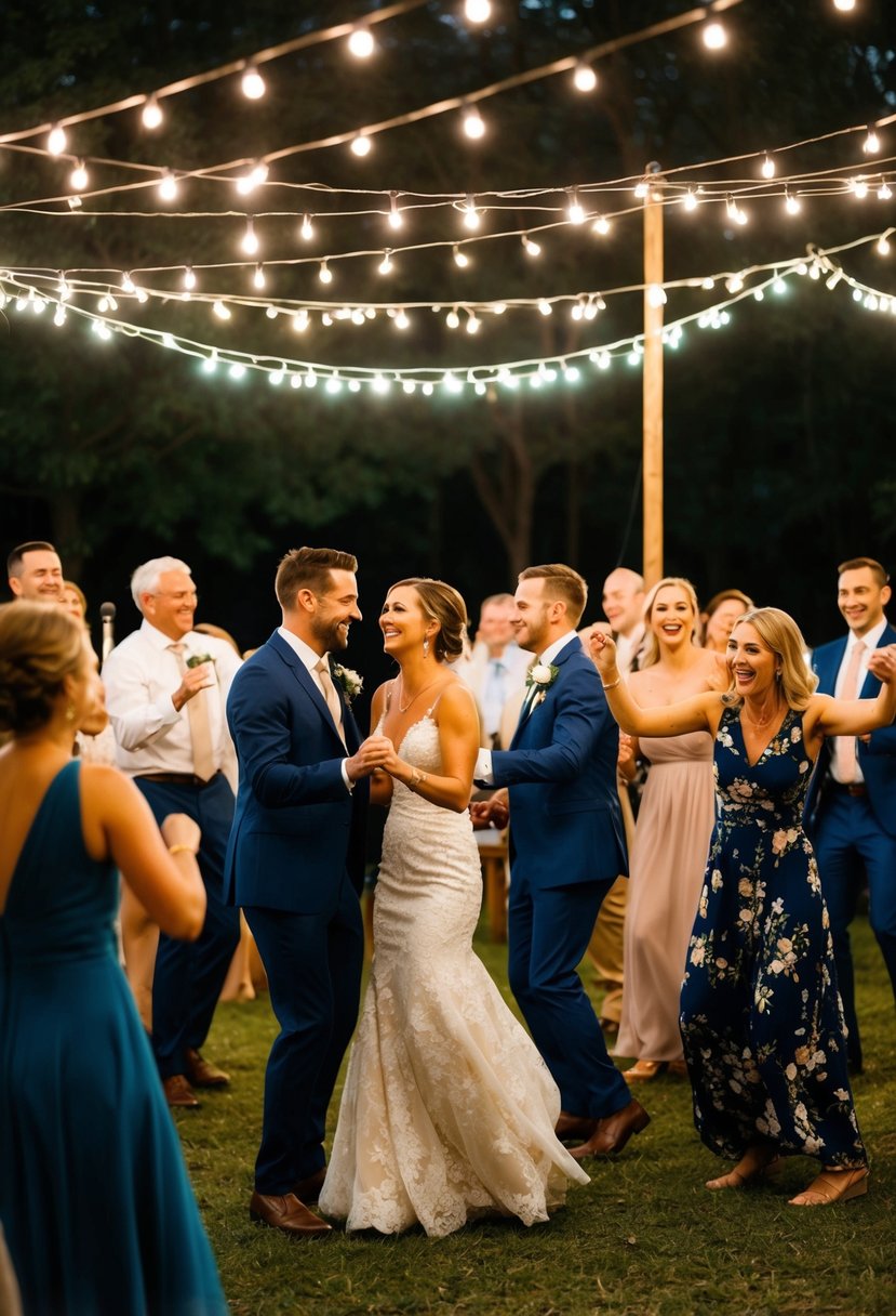 A rustic outdoor wedding with a live band playing under twinkling lights, surrounded by happy guests dancing and celebrating