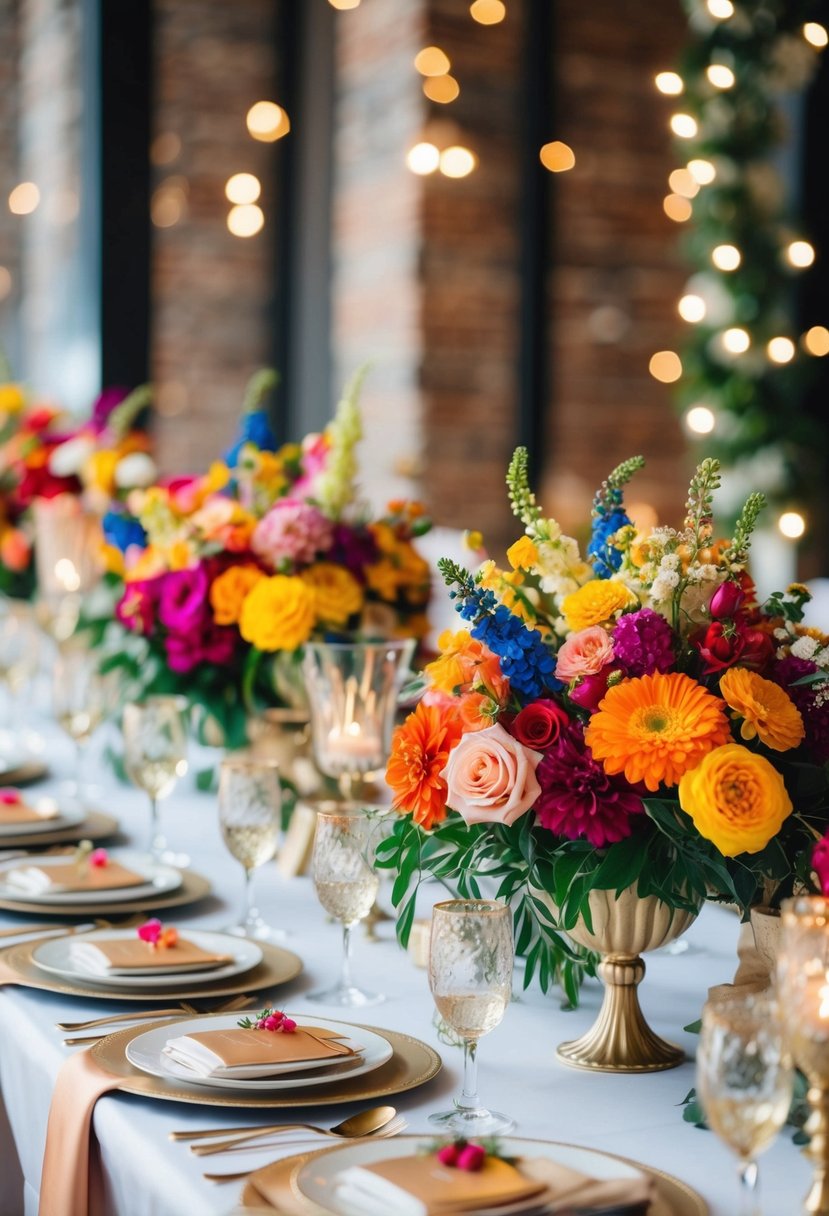 A table adorned with vibrant seasonal flowers and elegant decor for a wedding anniversary party