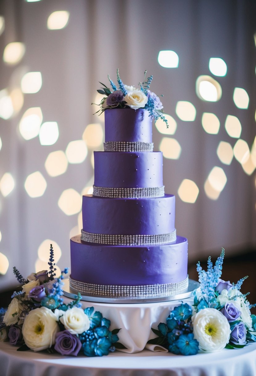 A three-tiered purple wedding cake adorned with silver accents, surrounded by icy blue and white floral arrangements