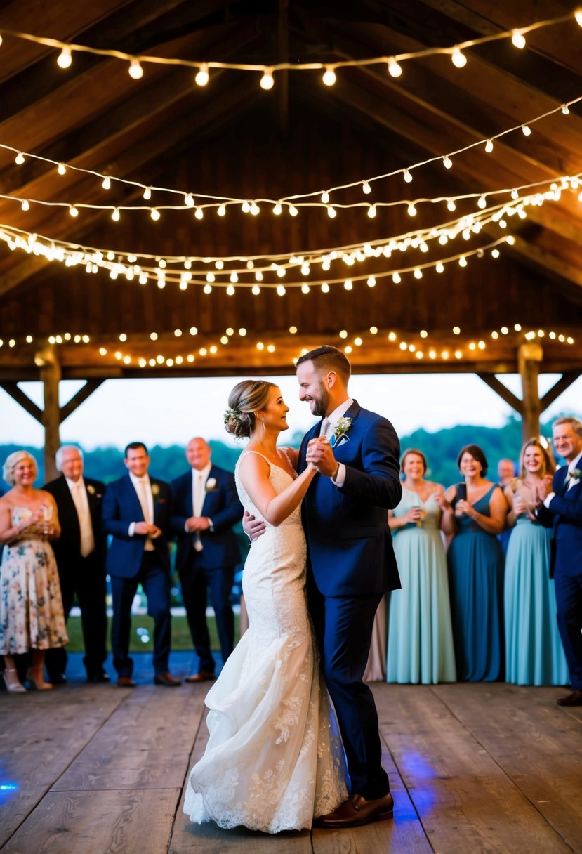 A bride and groom dancing under a string of twinkling lights, surrounded by friends and family at a rustic outdoor wedding venue