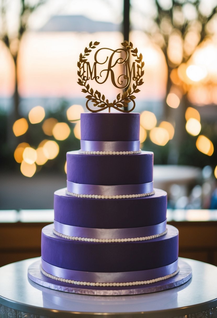 A three-tiered purple wedding cake with a personalized monogram topper