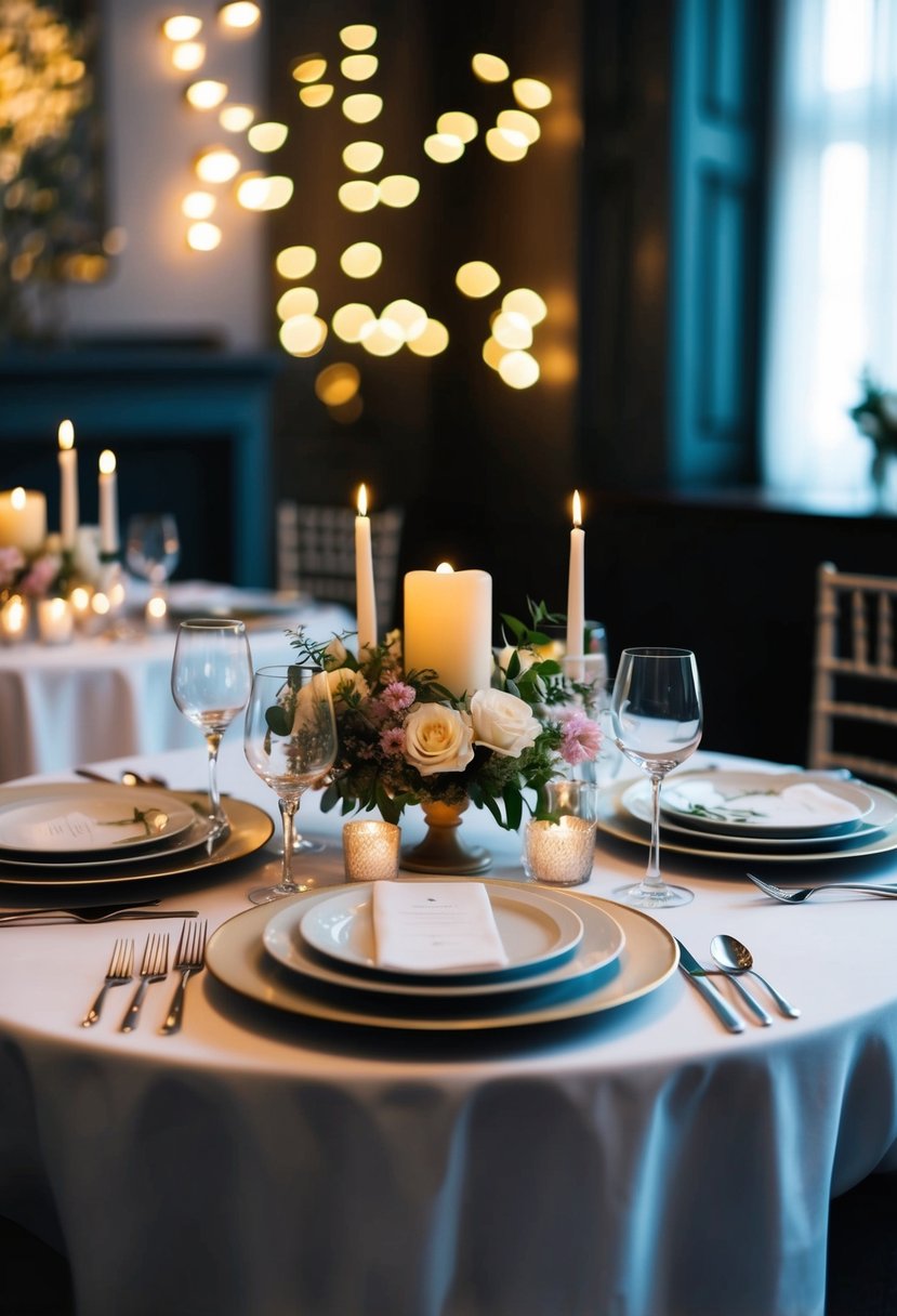 A table set with elegant dinnerware, adorned with candles and fresh flowers, in a dimly lit room with soft music playing in the background