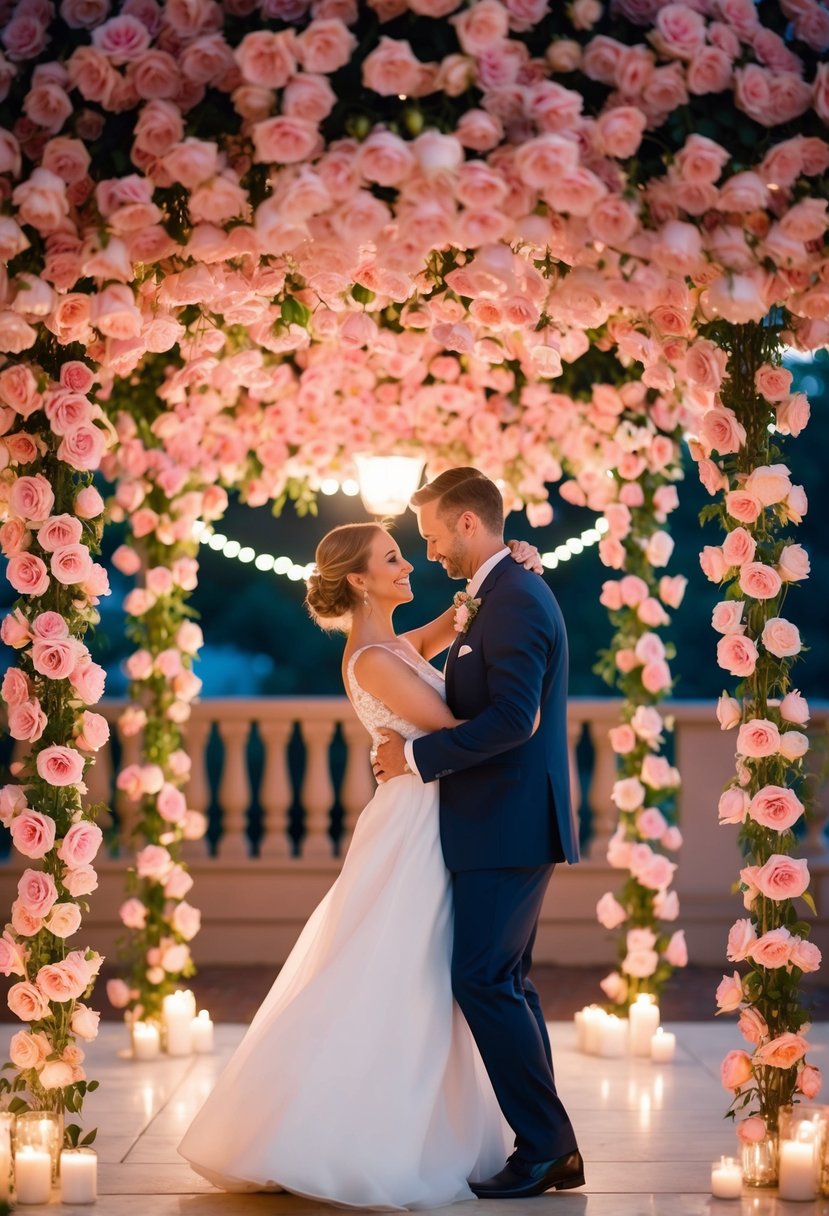 A couple dances under a canopy of pink roses, surrounded by soft candlelight and romantic ambiance