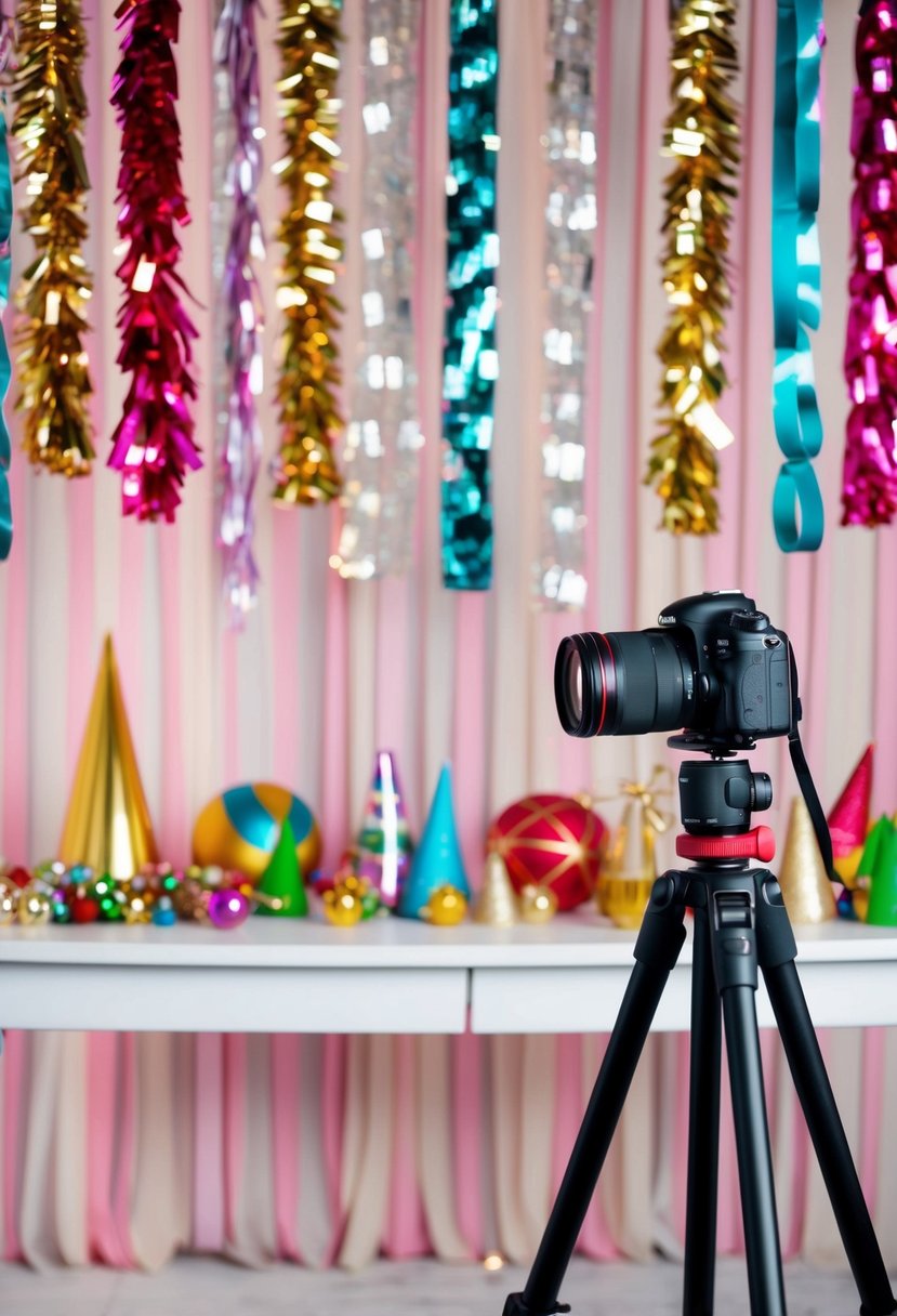 A festive backdrop with hanging streamers, a table with assorted props, and a camera on a tripod