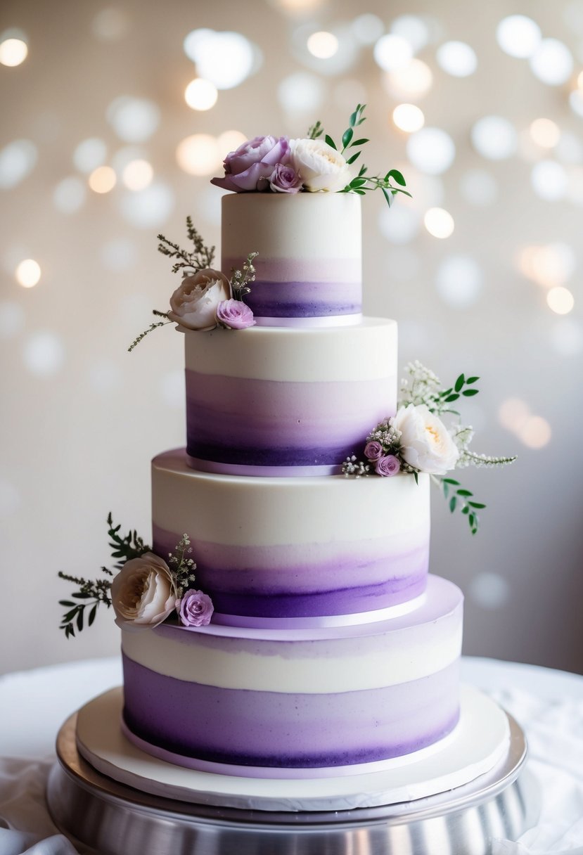 A tiered wedding cake with soft, dreamy purple watercolor effect, adorned with delicate floral accents