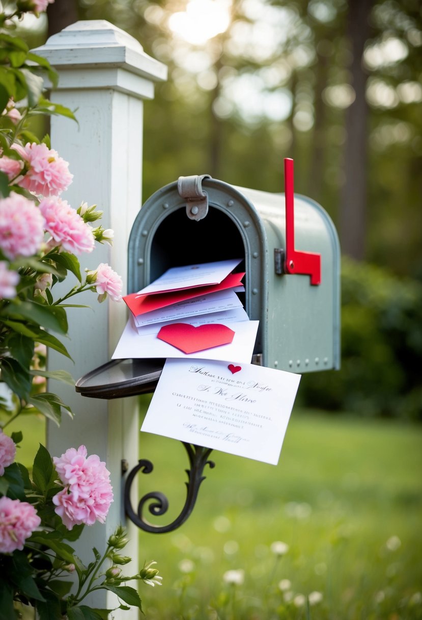 A vintage mailbox overflowing with love letters and a wedding invitation, surrounded by blooming flowers and a romantic setting