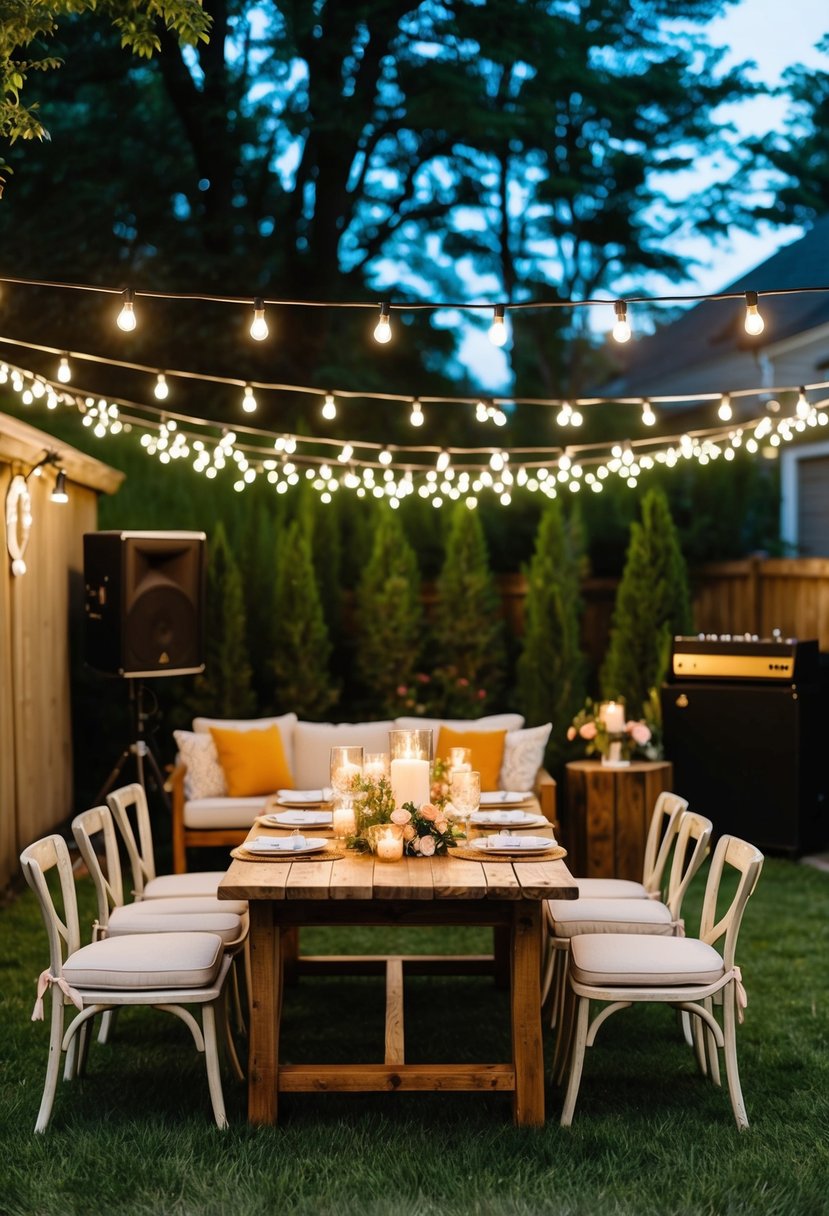 A backyard adorned with string lights, cozy seating areas, a rustic wooden table set with candles and floral arrangements, and a small stage for live music