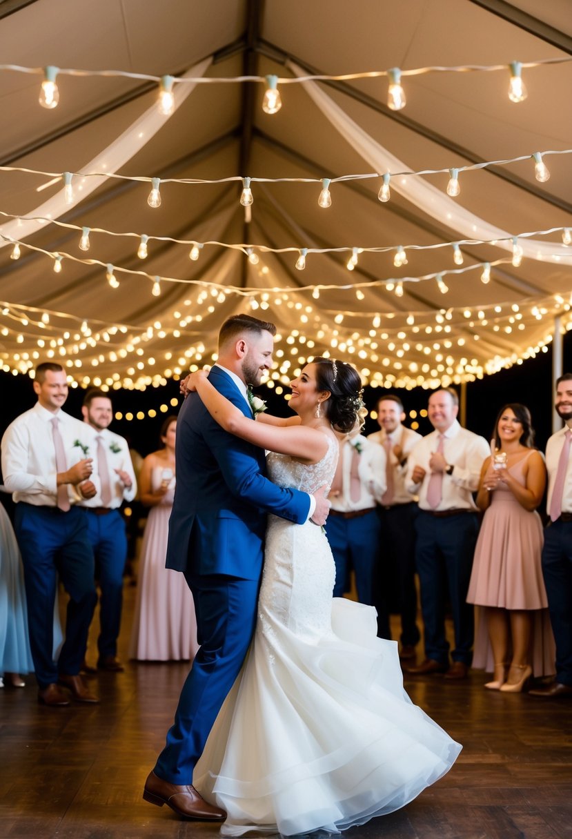 A bride and groom dance under strings of twinkling lights, surrounded by friends and family, as the soulful melody of "Stand by Me" fills the air