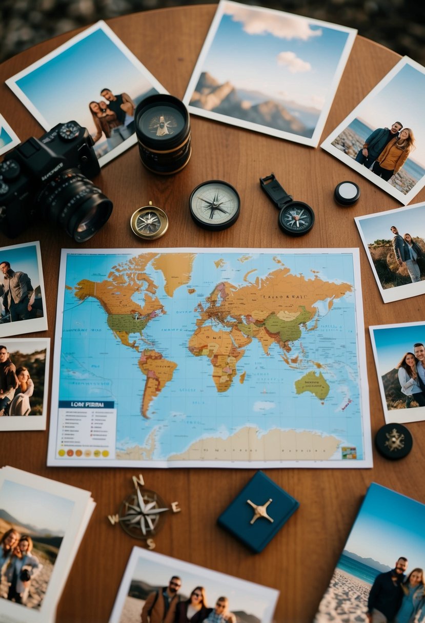 A couple's journey depicted through a map, compass, and travel souvenirs on a table, surrounded by photos of their adventures together