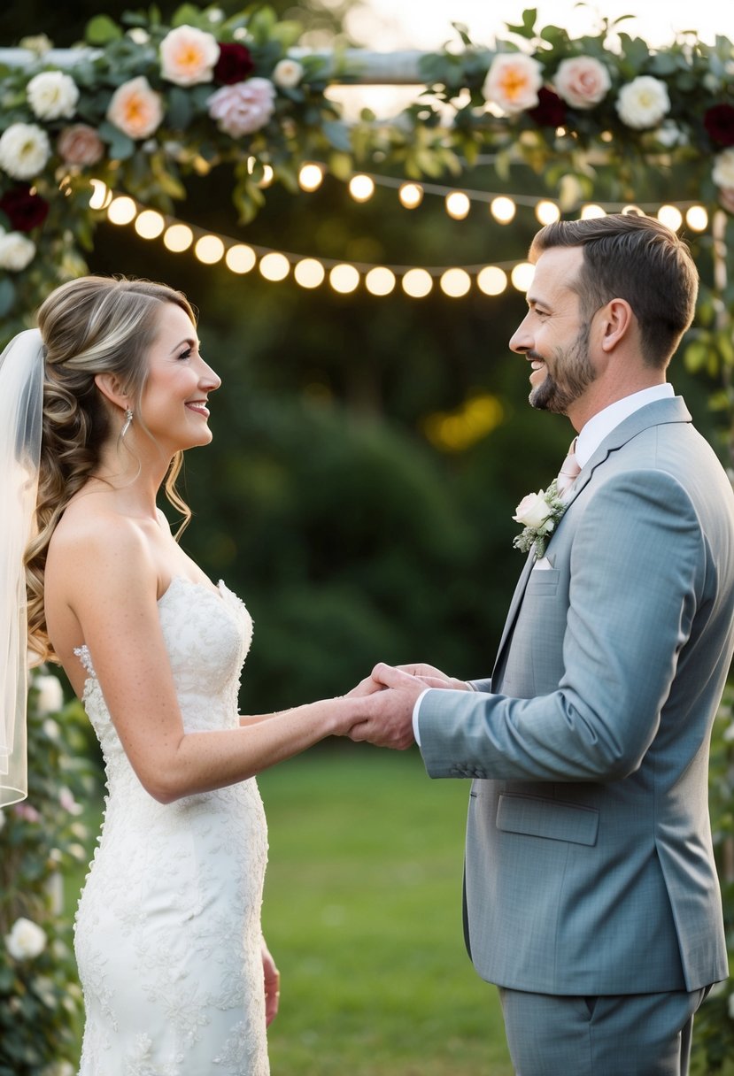 A bride and groom stand facing each other, surrounded by flowers and twinkling lights. The groom reaches out his hand to the bride, who looks at him with adoration