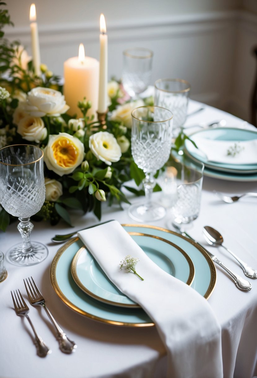 A beautifully set table with fine china, crystal glasses, and elegant silverware, surrounded by soft candlelight and fresh flowers