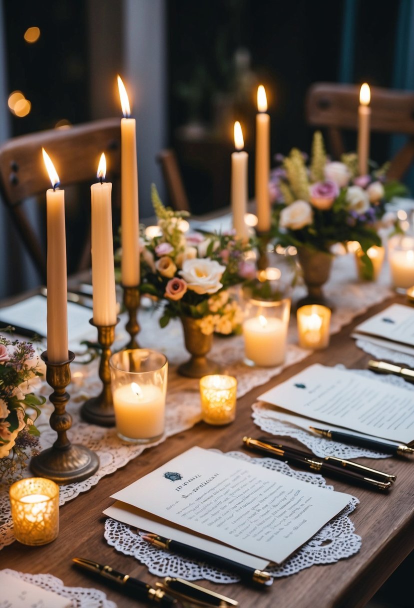 A wooden table adorned with delicate lace, vintage pens, and parchment paper, surrounded by flickering candles and fragrant flowers, set for a romantic anniversary dinner