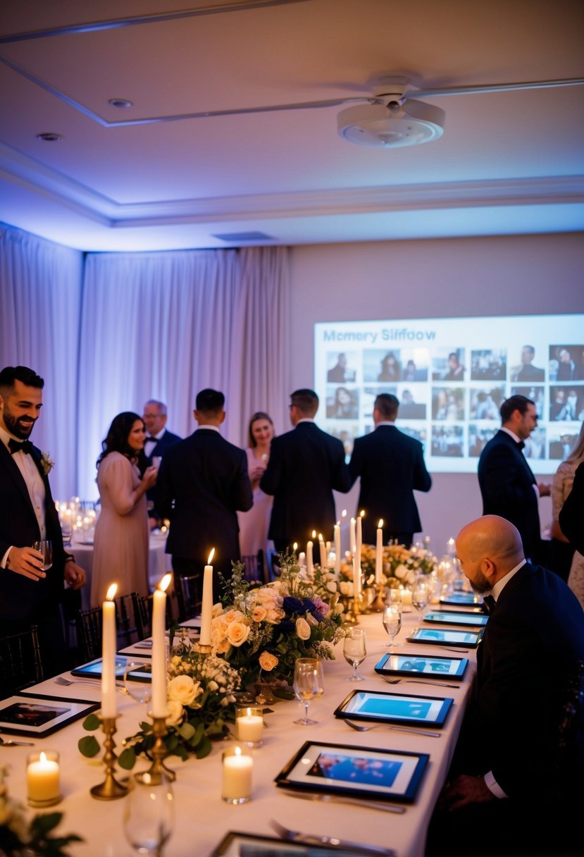 A festive table with candles, flowers, and framed photos. Guests mingle and admire the memory slideshow projected on a wall