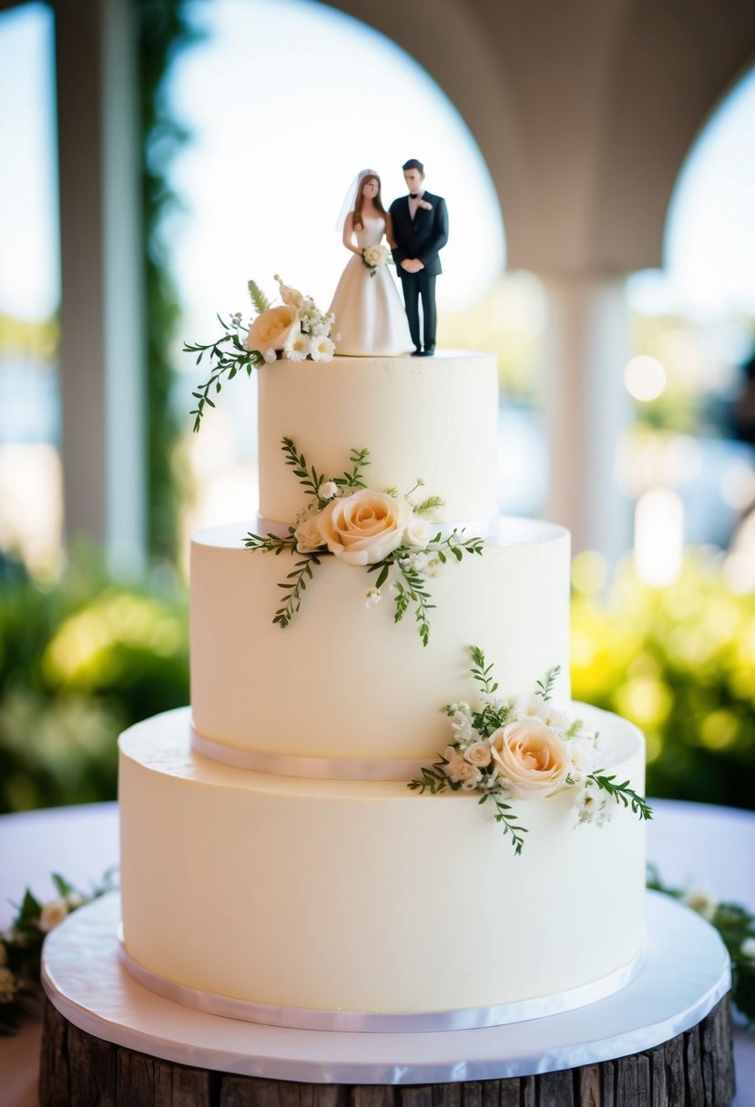 A white two-tier wedding cake adorned with delicate floral decorations and topped with a miniature bride and groom figurine