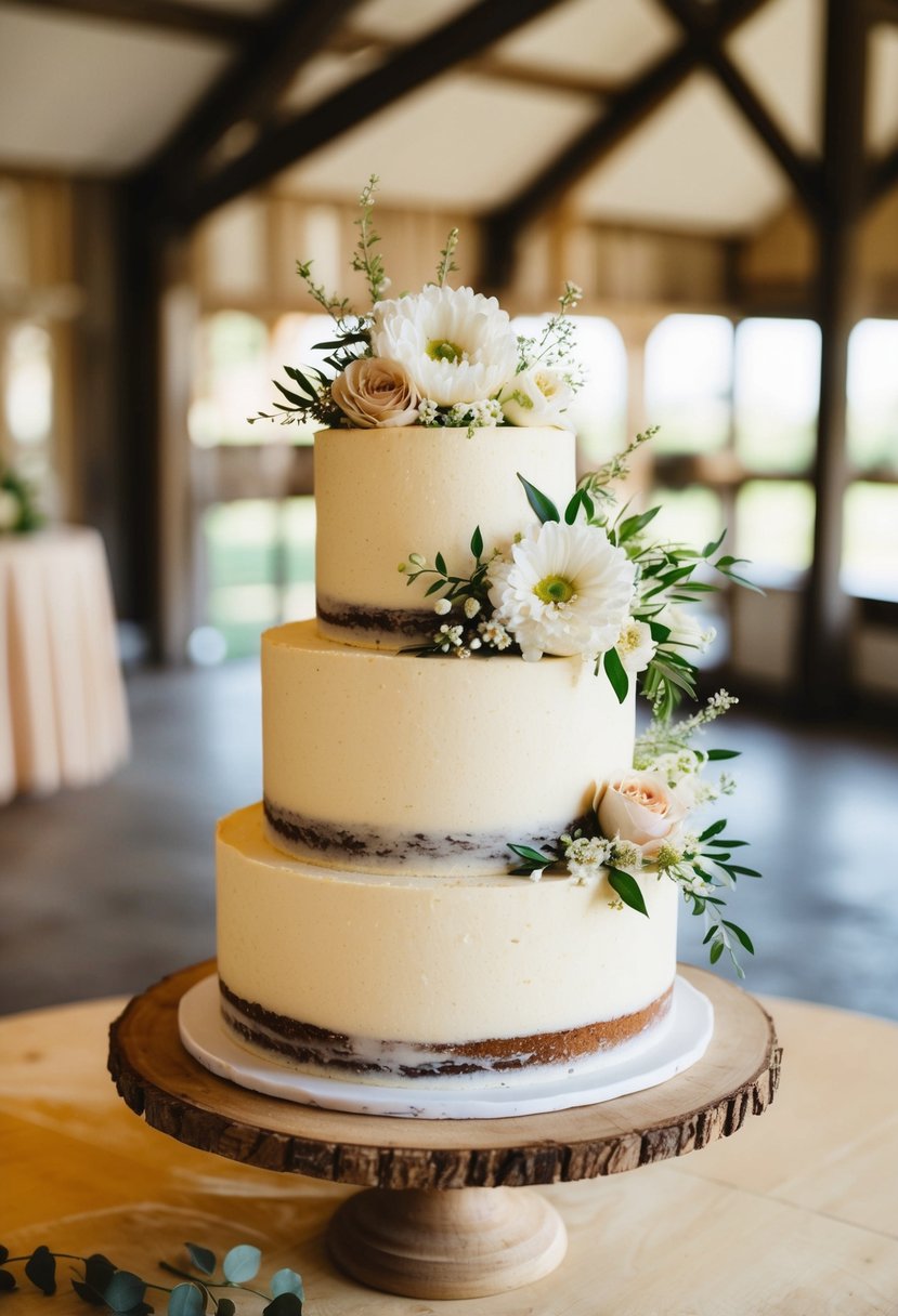 A rustic two-tier wedding cake with buttercream frosting, adorned with delicate flowers and greenery, sits on a wooden cake stand