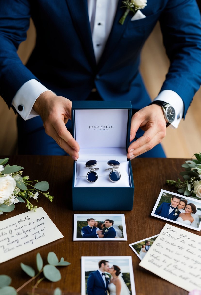 A man opening a box filled with personalized cufflinks and a watch, surrounded by wedding photos and a handwritten love note