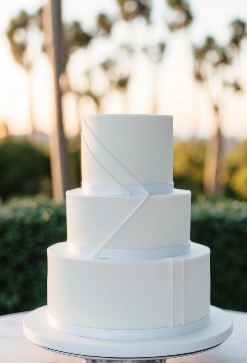 A two-tier wedding cake with minimalist white-on-white design, featuring clean lines and geometric shapes