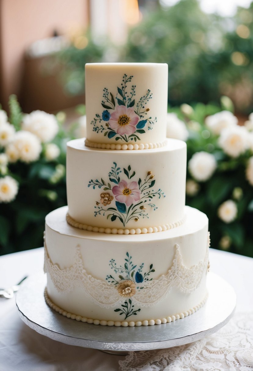 A vintage two-tier wedding cake with intricate hand-painted floral designs and delicate lace details