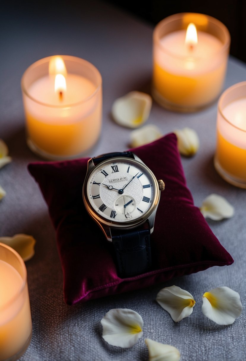 An engraved watch resting on a velvet cushion, surrounded by soft candlelight and delicate flower petals