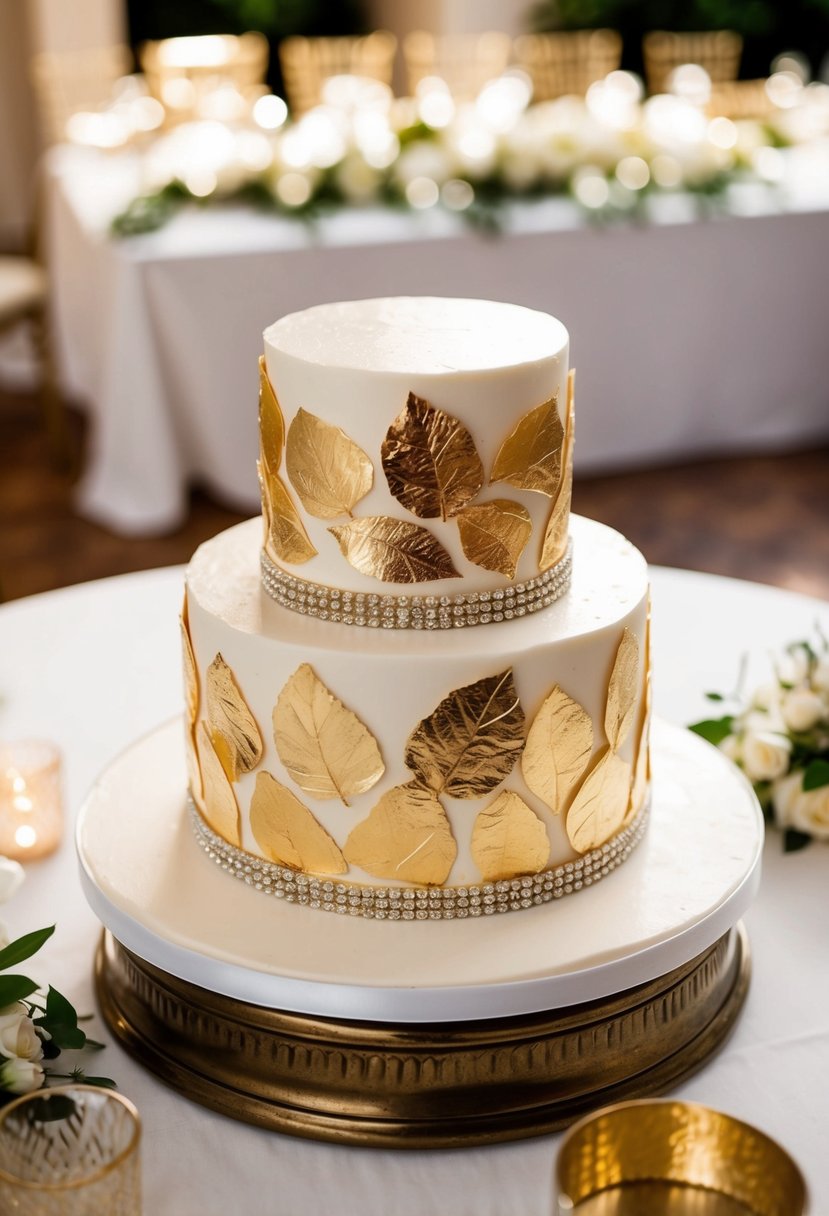 A two-tier wedding cake adorned with metallic gold leaf