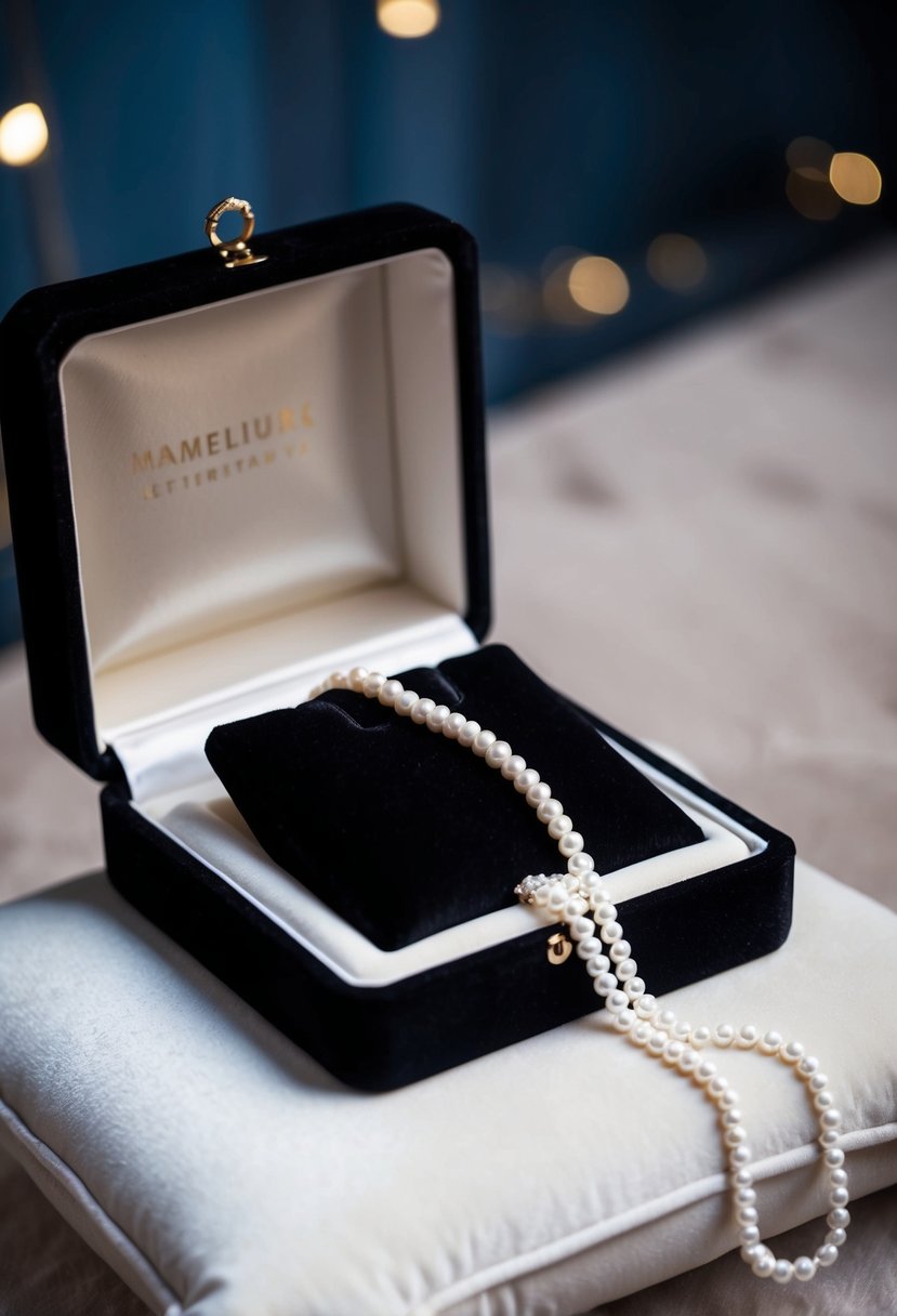 A black velvet jewelry box opens to reveal a shimmering strand of opera length pearls, resting on a plush white cushion