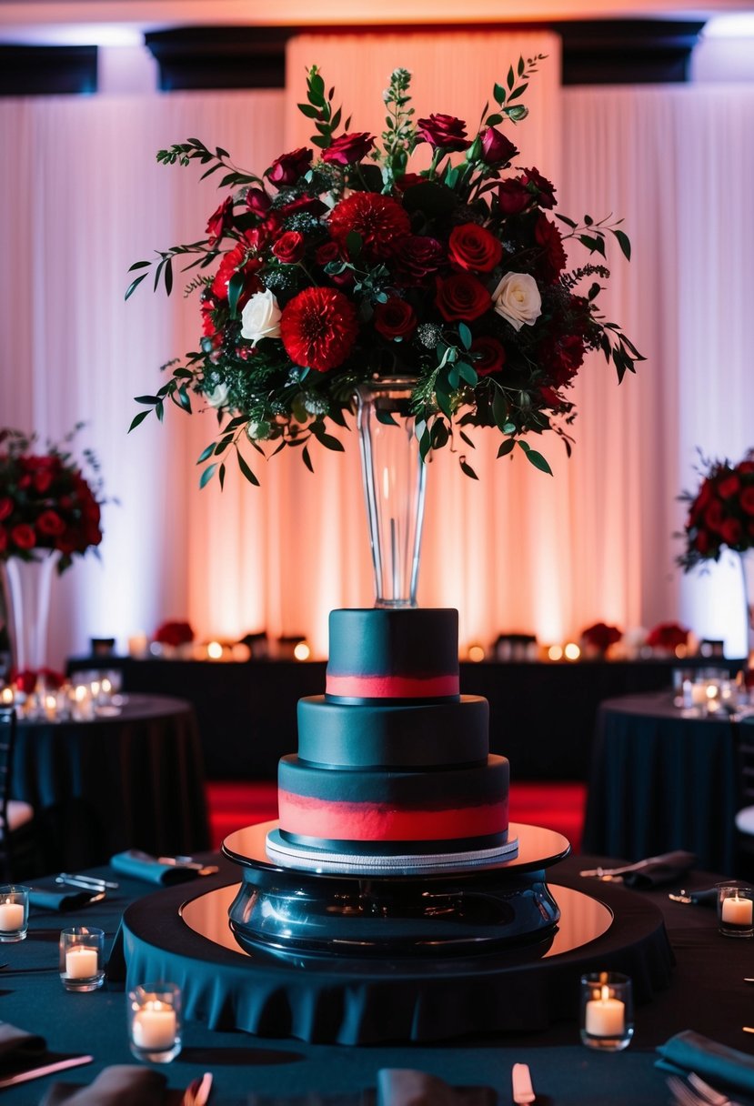 A black and red wedding reception with elegant floral centerpieces, dramatic lighting, and a sleek, modern cake display