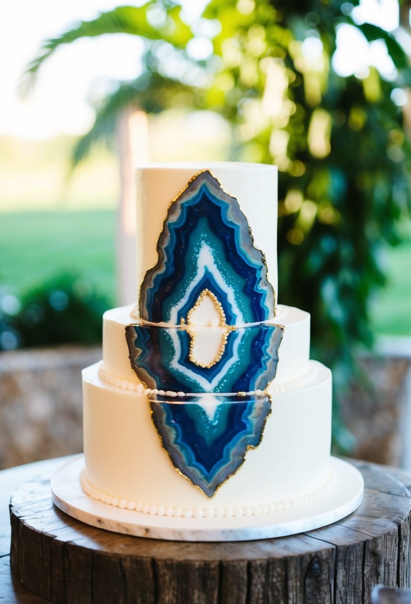 A two-tiered wedding cake with geode-inspired design, featuring vibrant colors and intricate crystal-like patterns