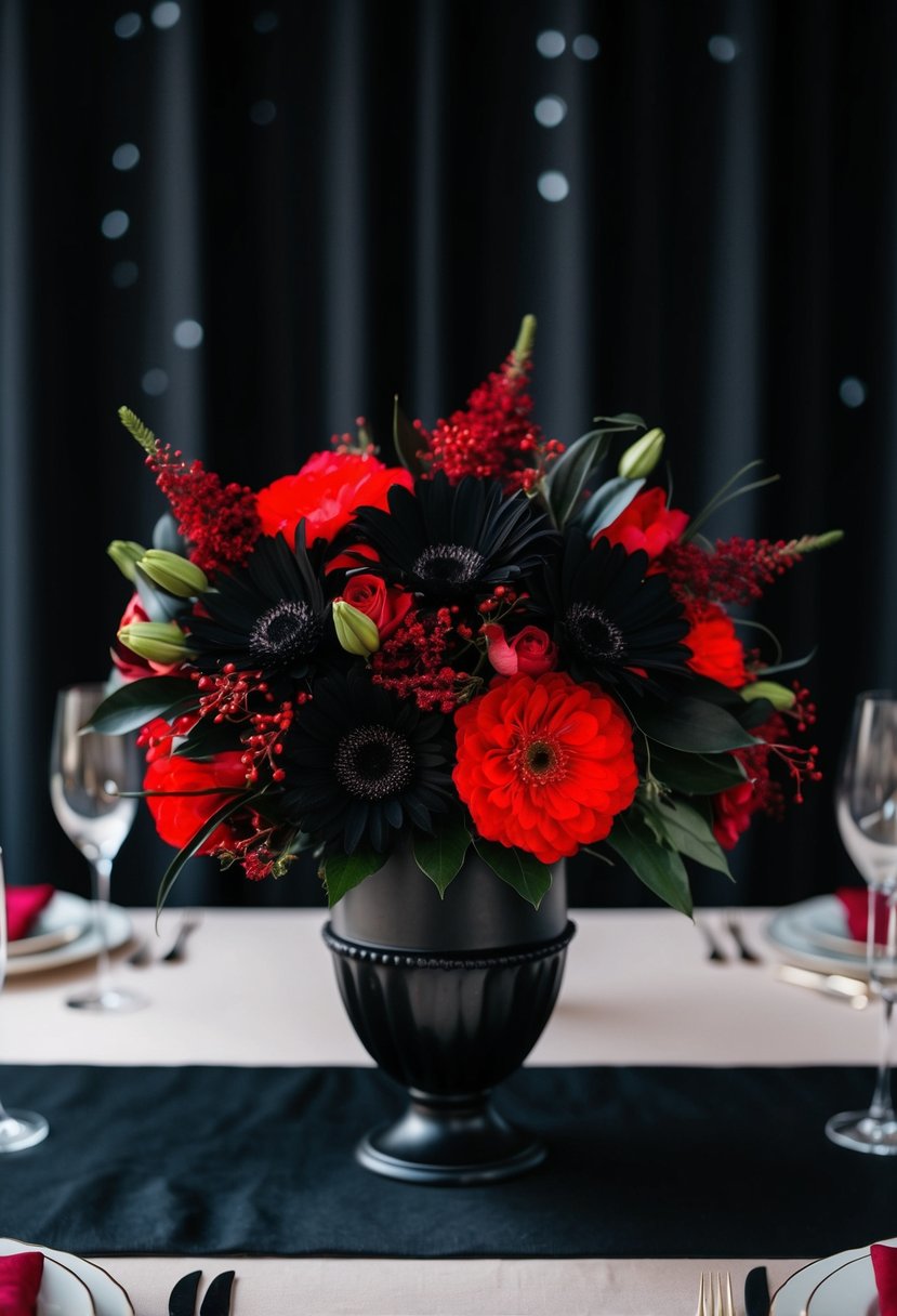 A bold black and red floral centerpiece stands out against a dark background, creating a dramatic and elegant focal point for a wedding setting