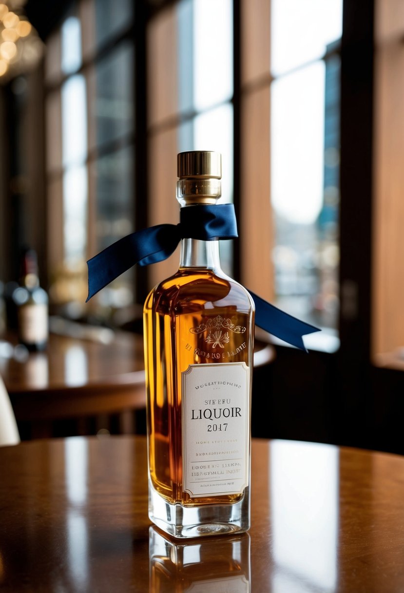 A sleek, engraved liquor bottle sits on a polished wooden table, adorned with elegant ribbon and a personalized label