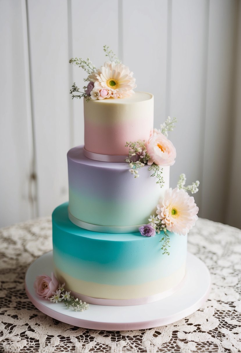 A whimsical pastel ombre cake with two tiers, adorned with delicate flowers and ribbons, sits atop a vintage lace tablecloth