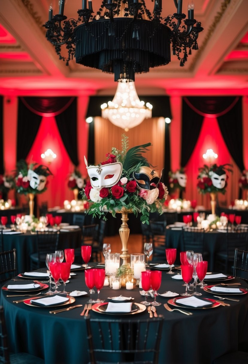 A grand ballroom adorned in black and red decor, with elegant masquerade masks and floral arrangements, creating a romantic and mysterious atmosphere